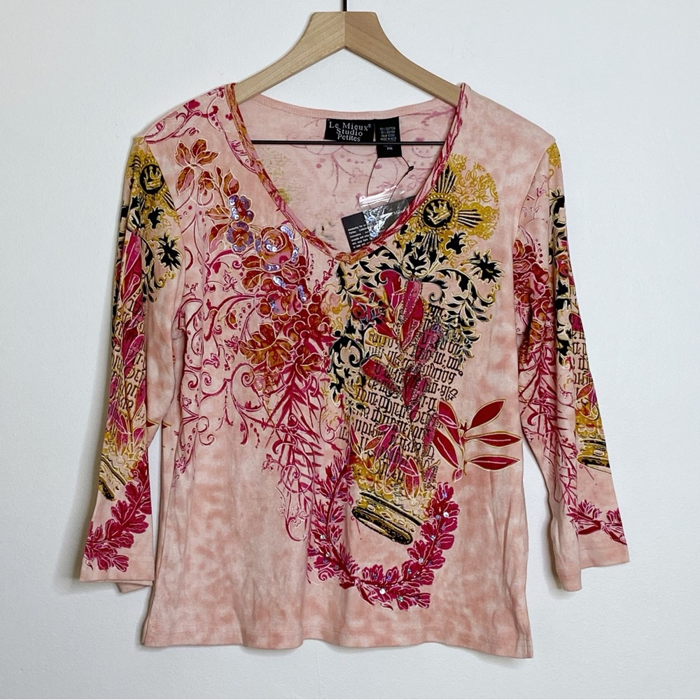 Le Mieux Pink Floral Beaded Embellished Top Petite Medium